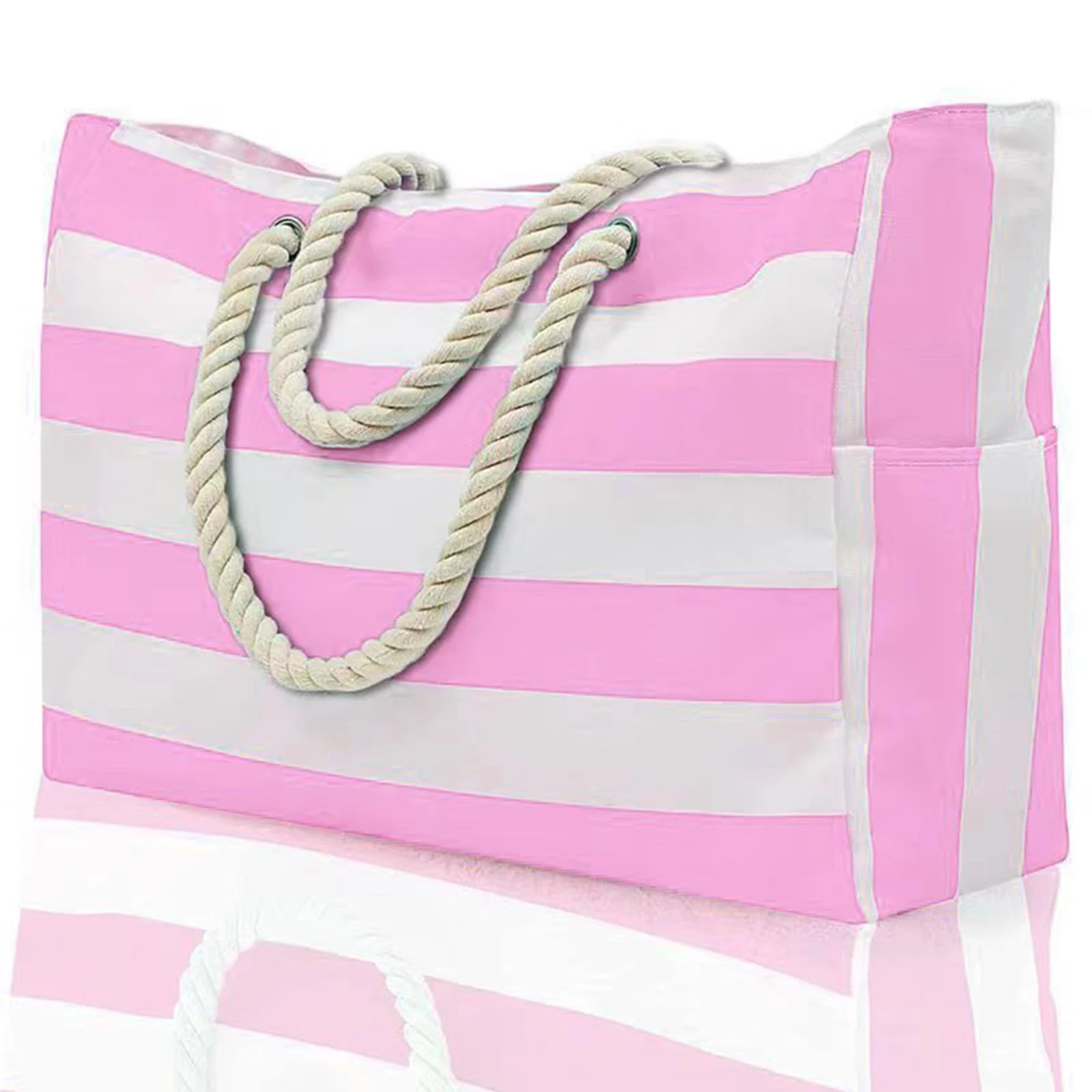 Gestreifter Reißverschluss-Außenbeutel für Outdoor-Reisen und Urlaub, Wasserdichtes und Sandbeständiges Canvas, Praktische Faltbare Strandtasche-zmt – Detail 9