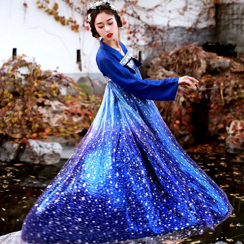 Originele Weven Ster Rijm Hanfu Dames Borst Lengte Ru Rok Set Galaxy Geleidelijke Zes Meter Rok Lange Prestatie Jurk