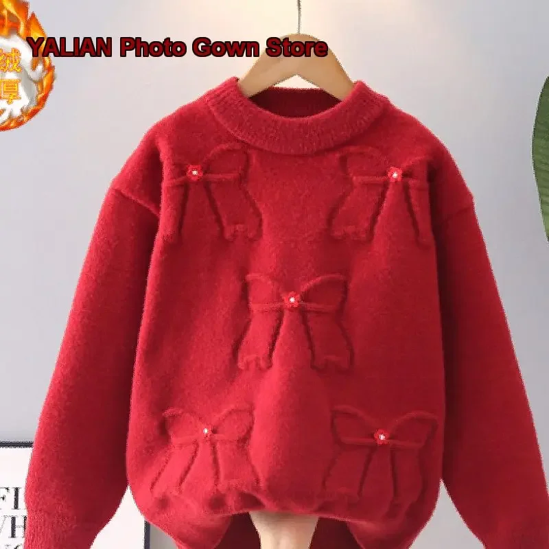 Girls Winter Thickened Knit Sweater 2025 Older Kids Stylish for New Year Greetings