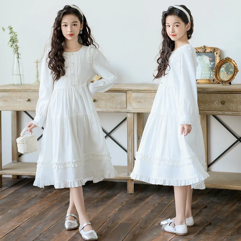 Children Clothes Daily Casual School Dress 2026 Spring Long Sleeve Lace Trim Cotton Dress for Girls Sweet White Dress for Kids