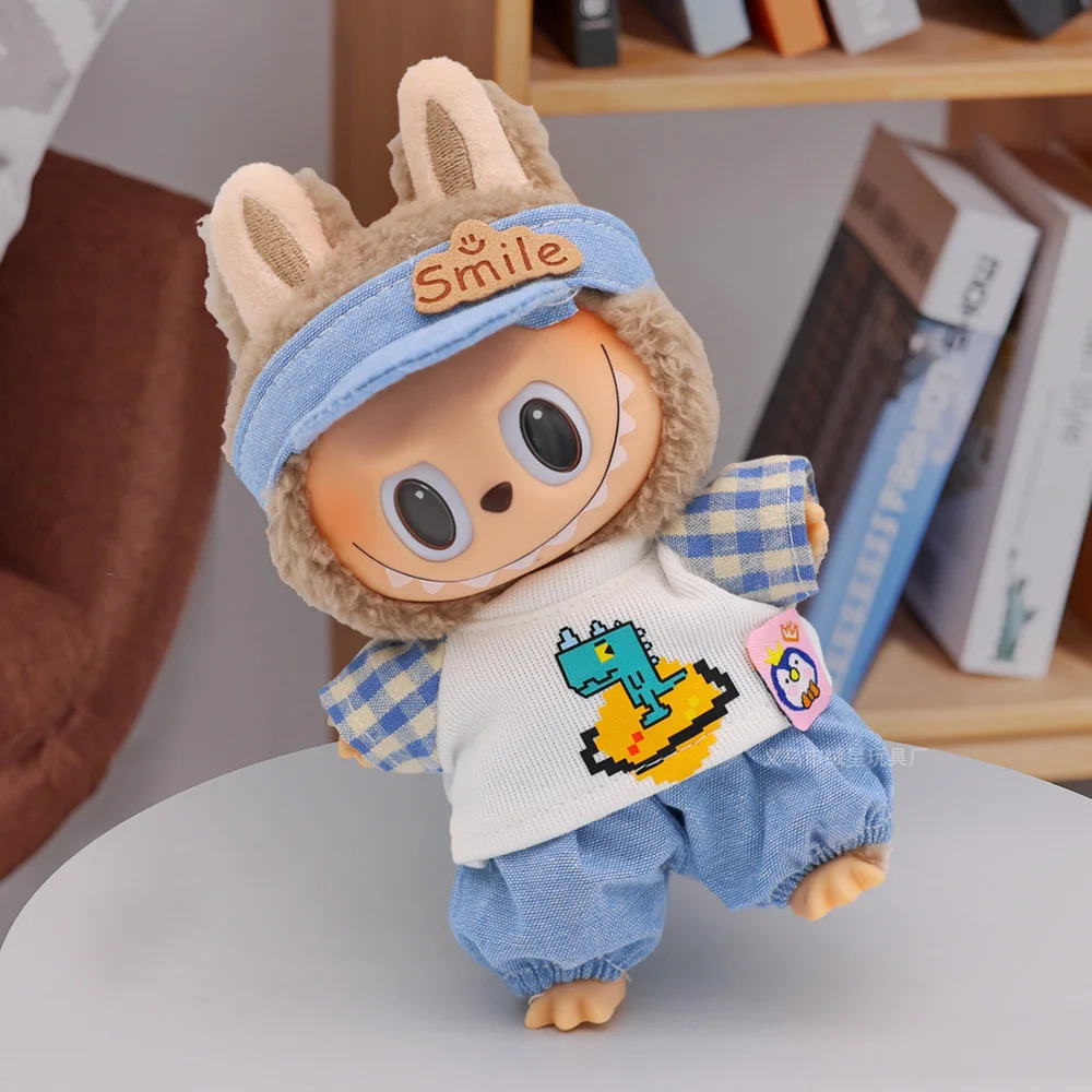 Para 17cm labubu camiseta língua de pato chapéu doce arco vestido de princesa romântico blues casal conjunto