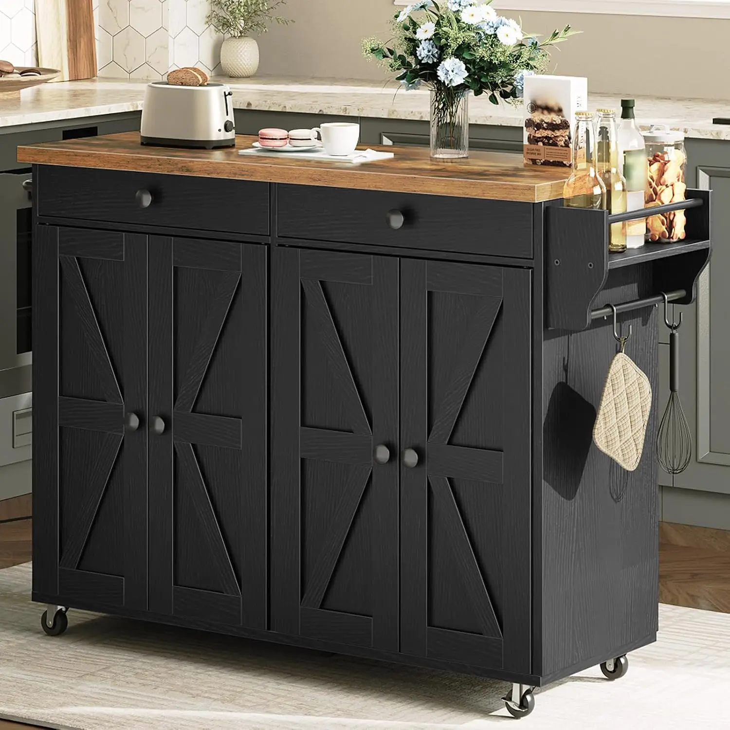 Kitchen Island Cart with Power Outlet, Storage, Spice Rack & Hooks, Rolling Table for Living Room, Rustic, Customized