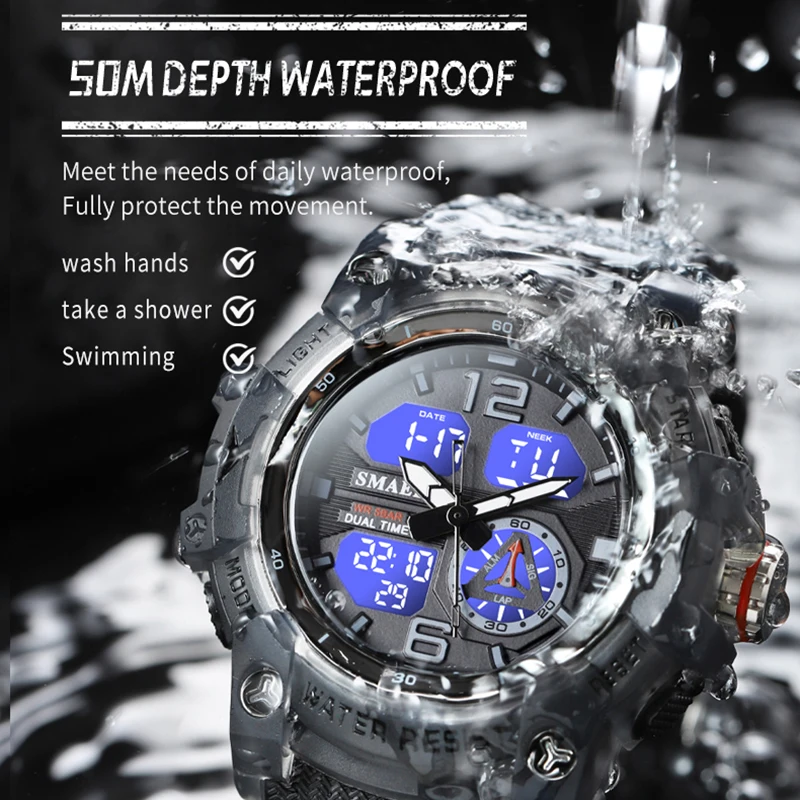 Military Sport Watches for Men 50m Waterproof  Digital LED Men Sports Wrist Watches 8007B Quartz Digital Dual Time Watch