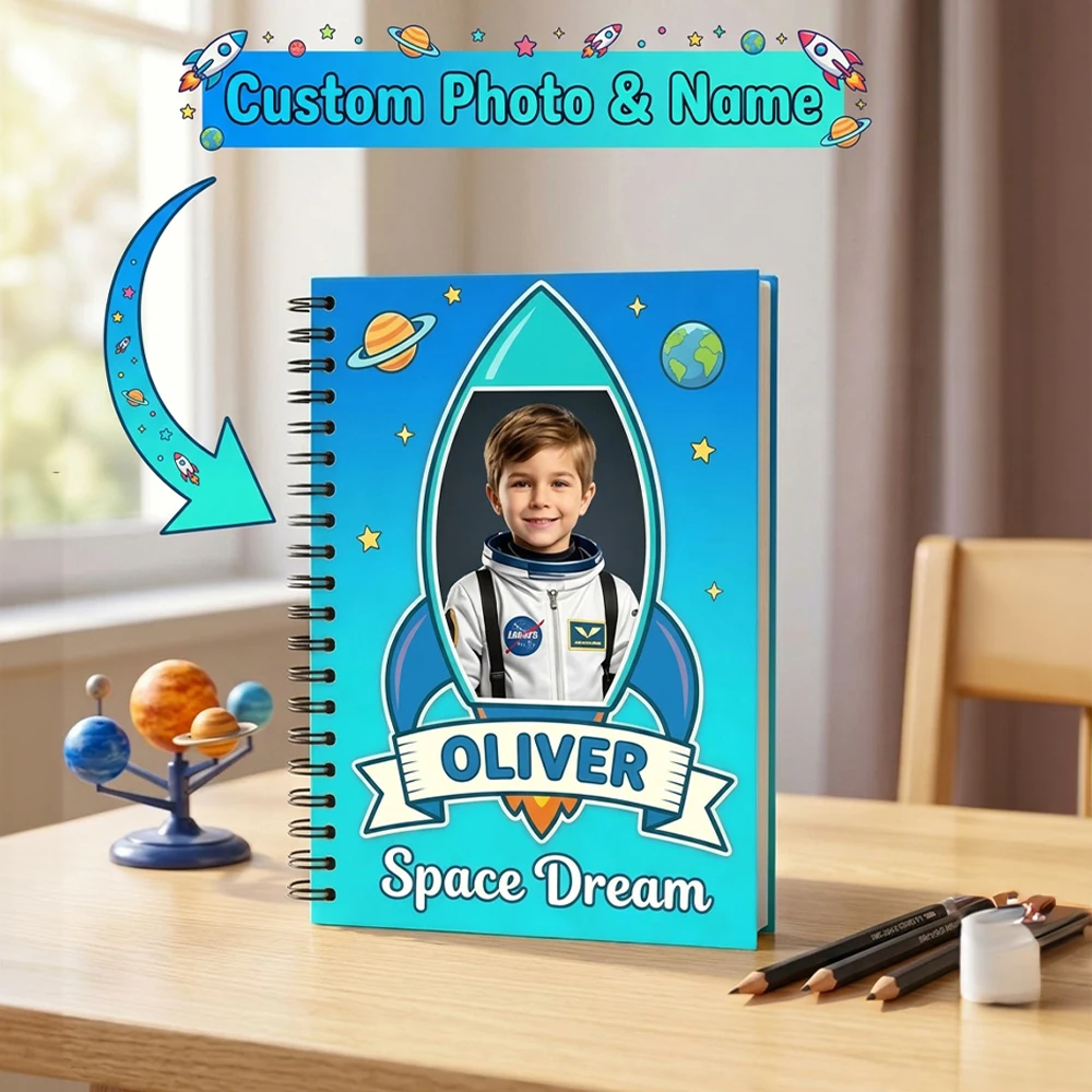 Custom Personalized Photo Name Notebook,Rocket Space Astronaut Cover Design,Back To School,Birthday Gift,School Notes,Diary