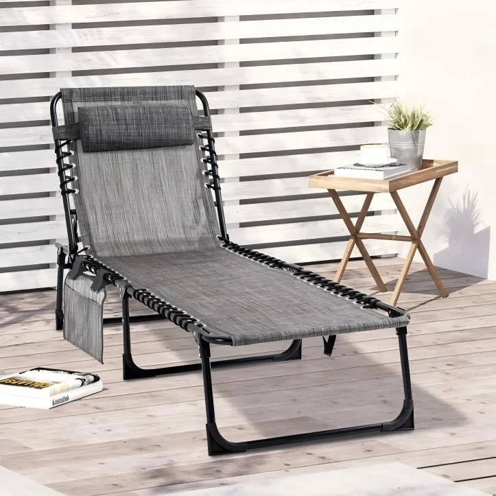 #Chaise Lounge Chair 5 Position Adjustable Backrest, Removable Pillow Side Pocket, Folding Sun Lounger for Patio, Pool, Camping