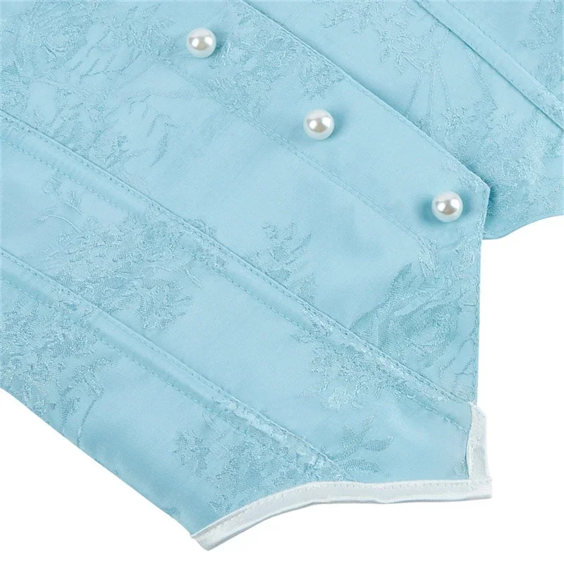 Sexy Sky Blue Vintage Jacquard Overbust Corset Pearl Buttons Lace Decorative Side Zipper Body Shaper Bustiers Tops