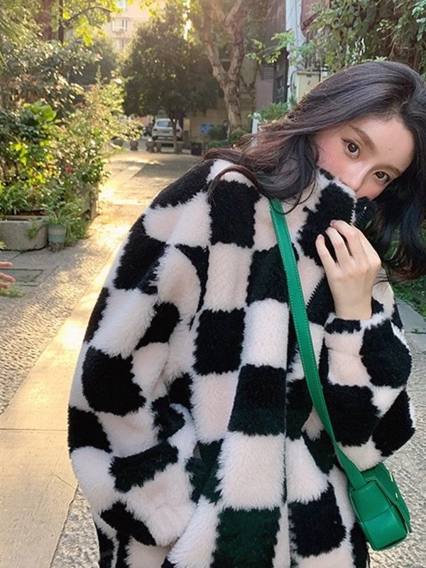 เสื้อโค้ทขนแกะเทียมลายสก็อตสำหรับผู้หญิงรุ่น Young Sle ทรงหลวม อุ่นสบาย เหมาะสำหรับฤดูหนาวและฤดูใบไม้ผลิ