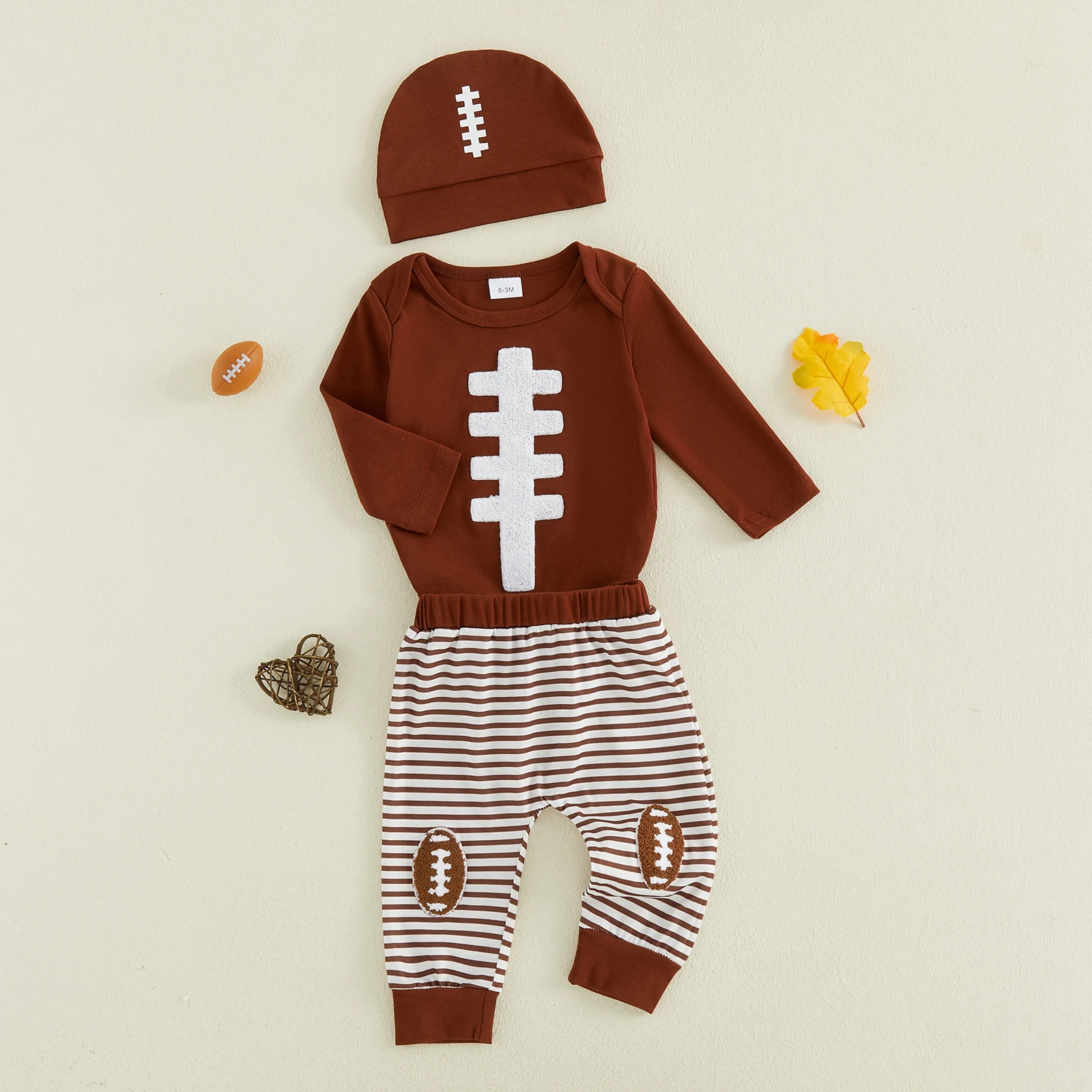 Baby Boy Fall Football Outfit Brown Long Sleeve Rugby Print Romper Striped Pants Cap 3 Pcs Baby Autumn Clothes Set