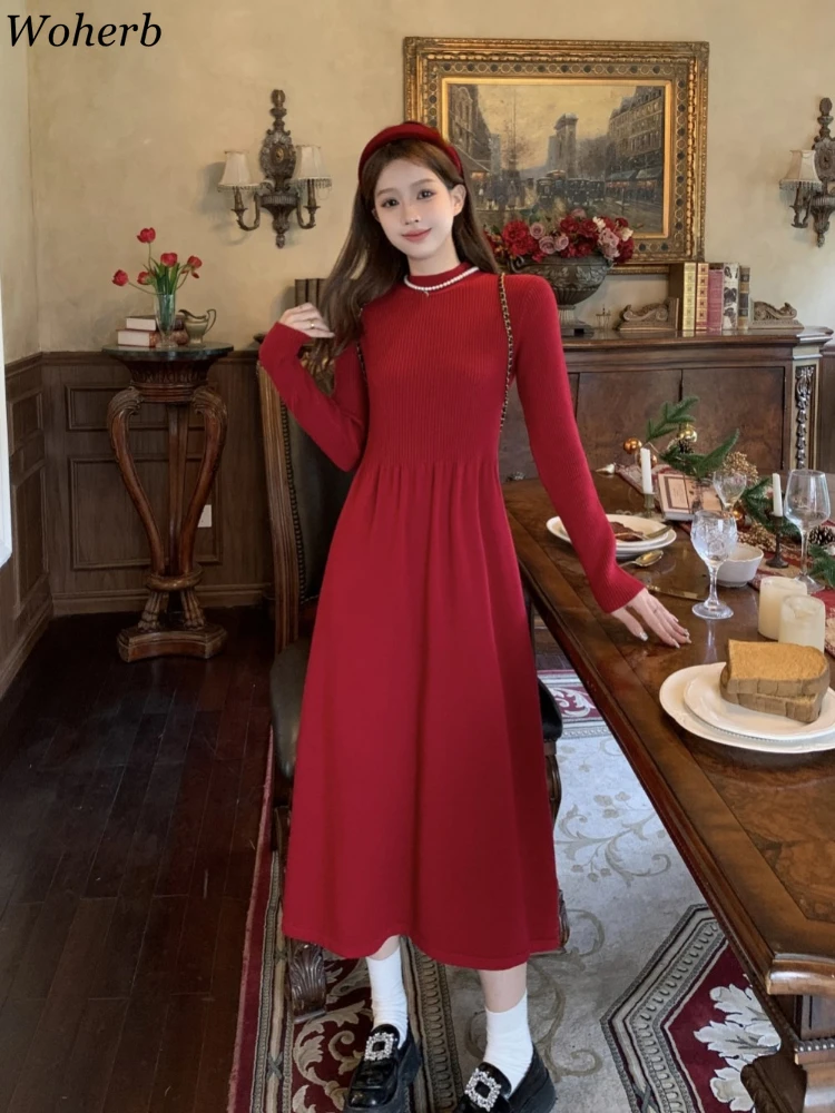 Solid Chic Maxi Dresses for Women O-neck Slim Waist Tunic Robe Femme 2024 Vestidos De Mujer Knitted Pleated Vintage Autumn Dress