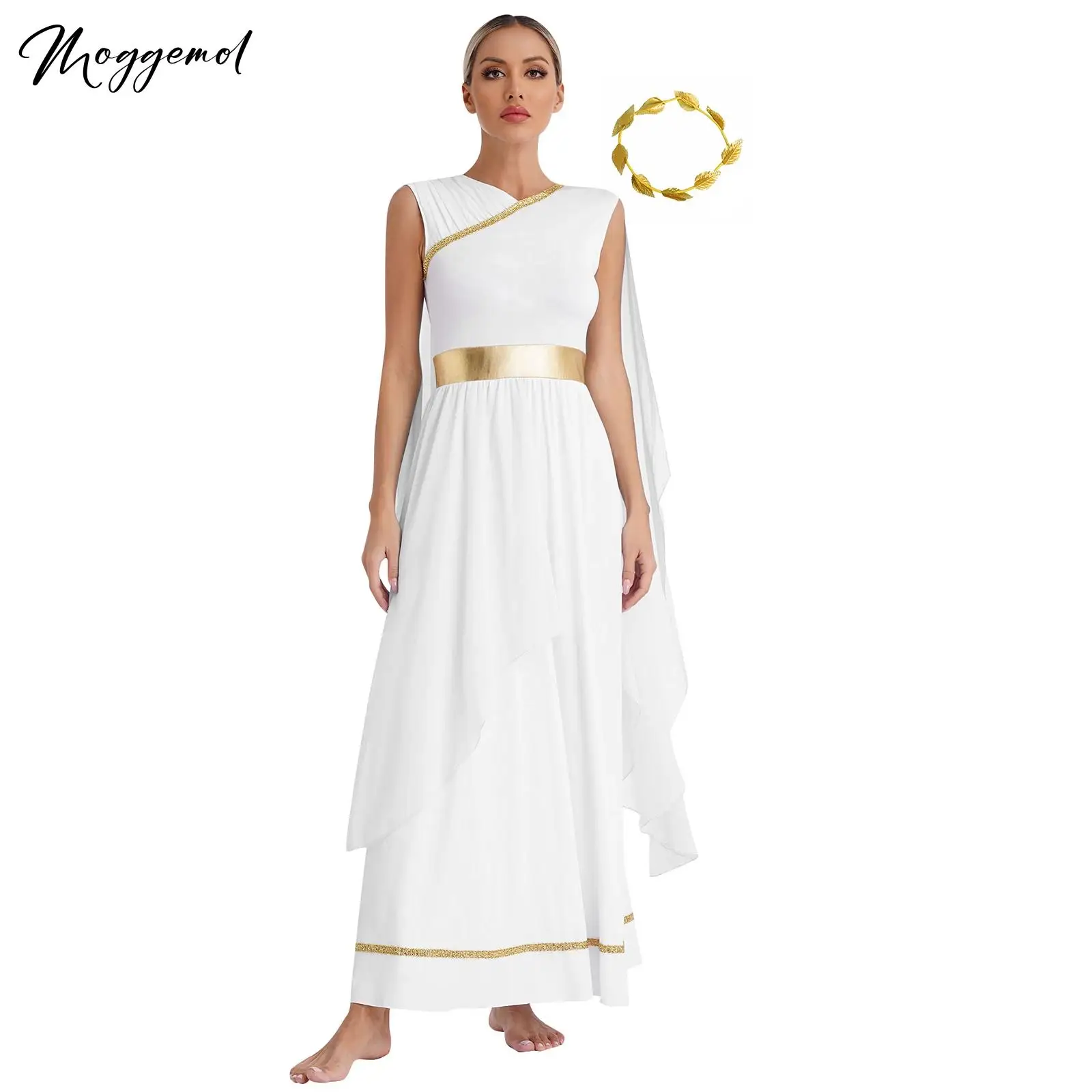 

Womens 2Pcs Greek Deity Cosplay Costume Ancient Toga Dress Greece Dress Roman Goddness Queen Robe with Headwear for Halloween