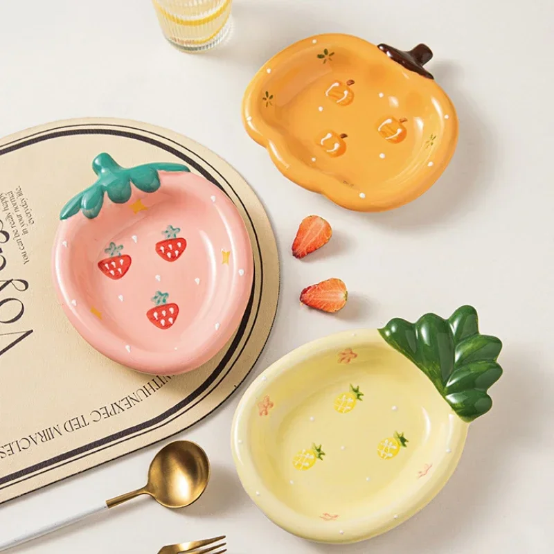 2027 Fruit Plates Ceramic Household Cute Dessert Plates Salad Plates Home Desktop Fun Decoration Plates Mini Trays Kitchen Oil P