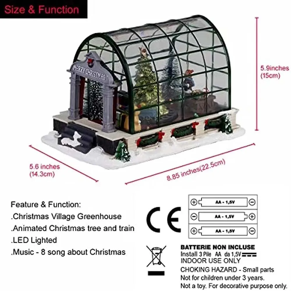 Lighted Christmas Village Greenhouse Decorations, Animated Lighted Collectible Building Xmas Musical Tree Home Holiday Ornament