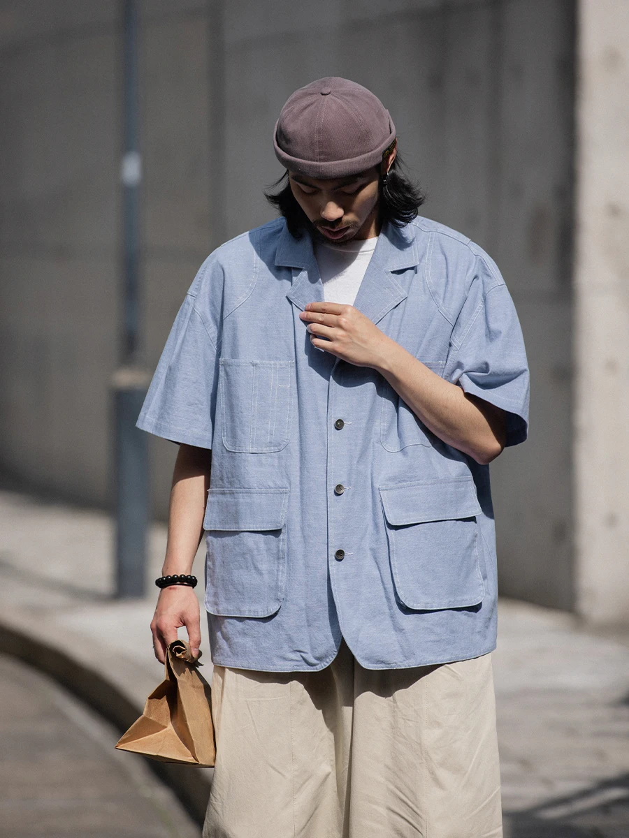 

Летняя синяя свободная рубашка Noears с коротким рукавом и множеством карманов, в ретро-стиле, повседневная, для мужчин, дышащая, из хлопка.