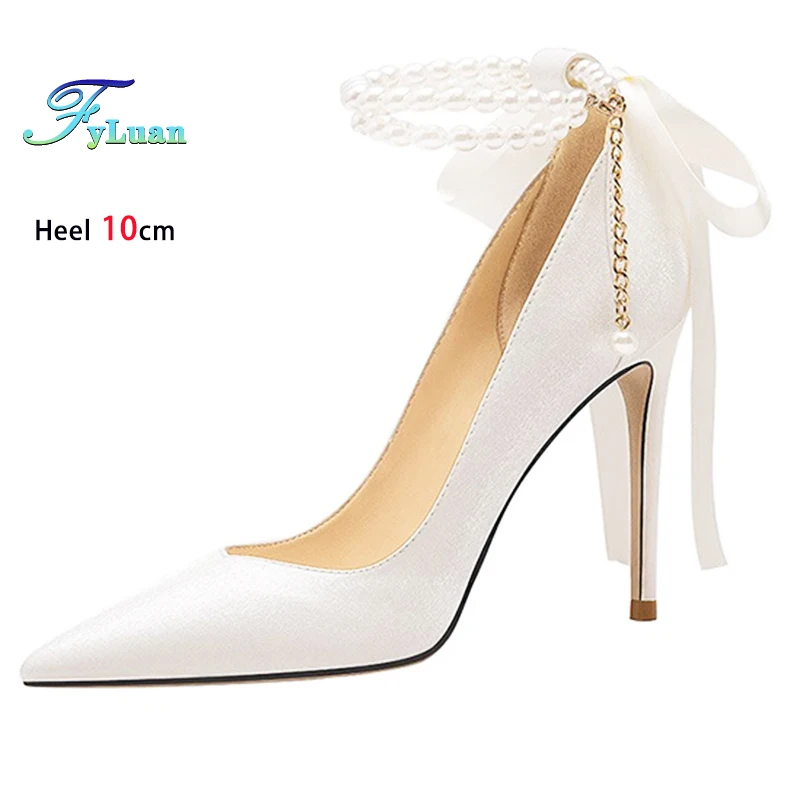

2025 Белые женские туфли на высоком каблуке 10 см, 8 см, 6 см, туфли на тонком каблуке, шелковые атласные остроконечные женские туфли-лодочки, свадебные туфли на шпильке с бусинами