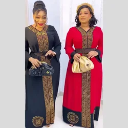 ins  Fashion quality African mom skirt Ethnic Costume loose elegant dress with diamond belt V-neck fashion luxury