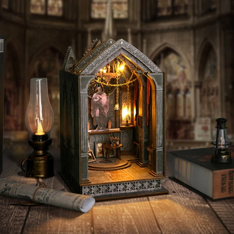 Kit de modelismo en miniatura de madera, libro de bricolaje, iglesia gótica, arquitectura, sujetalibros, ensamblado, rompecabezas 3D, estantería, decoración del hogar, regalos para adultos