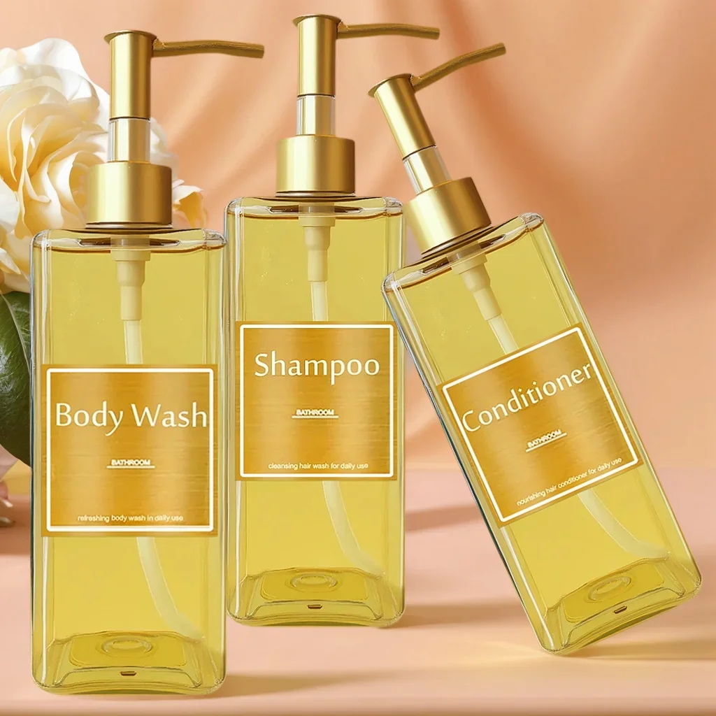 Botella dispensadora de champú y acondicionador dorado, decoración de baño de lujo, botellas de champú, artículos esenciales dorados para baño, botella de lavado corporal