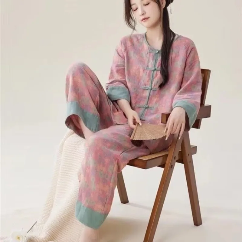 2026 New Chinese Improved Retro Ancient Style Women Cotton Hanfu Pajama Set Autumn New Long Sleeve Long Pants Home Wear Pajamas