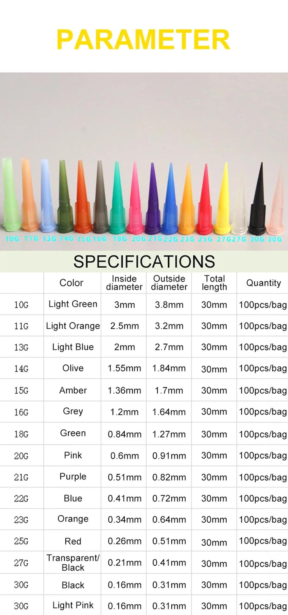 100 Stück 10-30G 30mm TT Kunststoff-Konische Nadeln mit Flüssigkeitsspender, Kunststoff-Klebennadeln zum Nachfüllen von Klebstoff – Detail 2