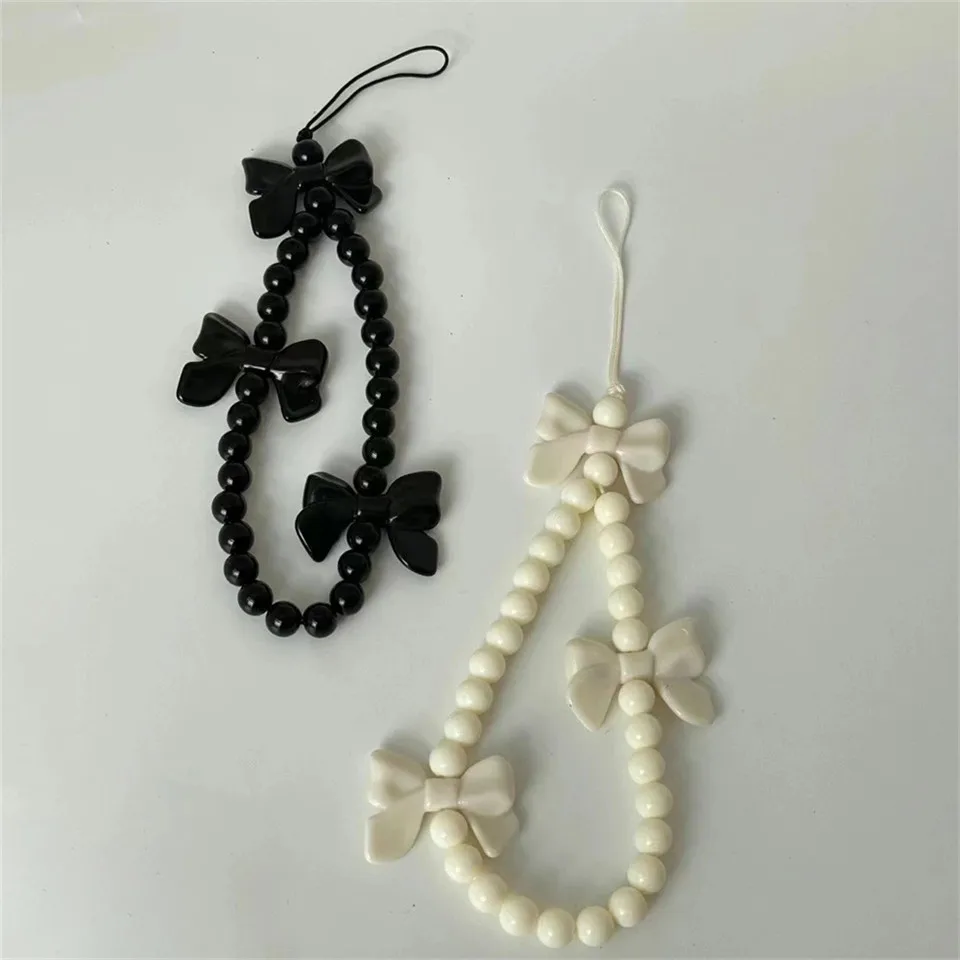 Korean Cute Bowknot Phone Charm Strap Beaded Pendant Bracelet For iPhone Samsung Accessories Hanging Cord Rope For Girl Jewelry