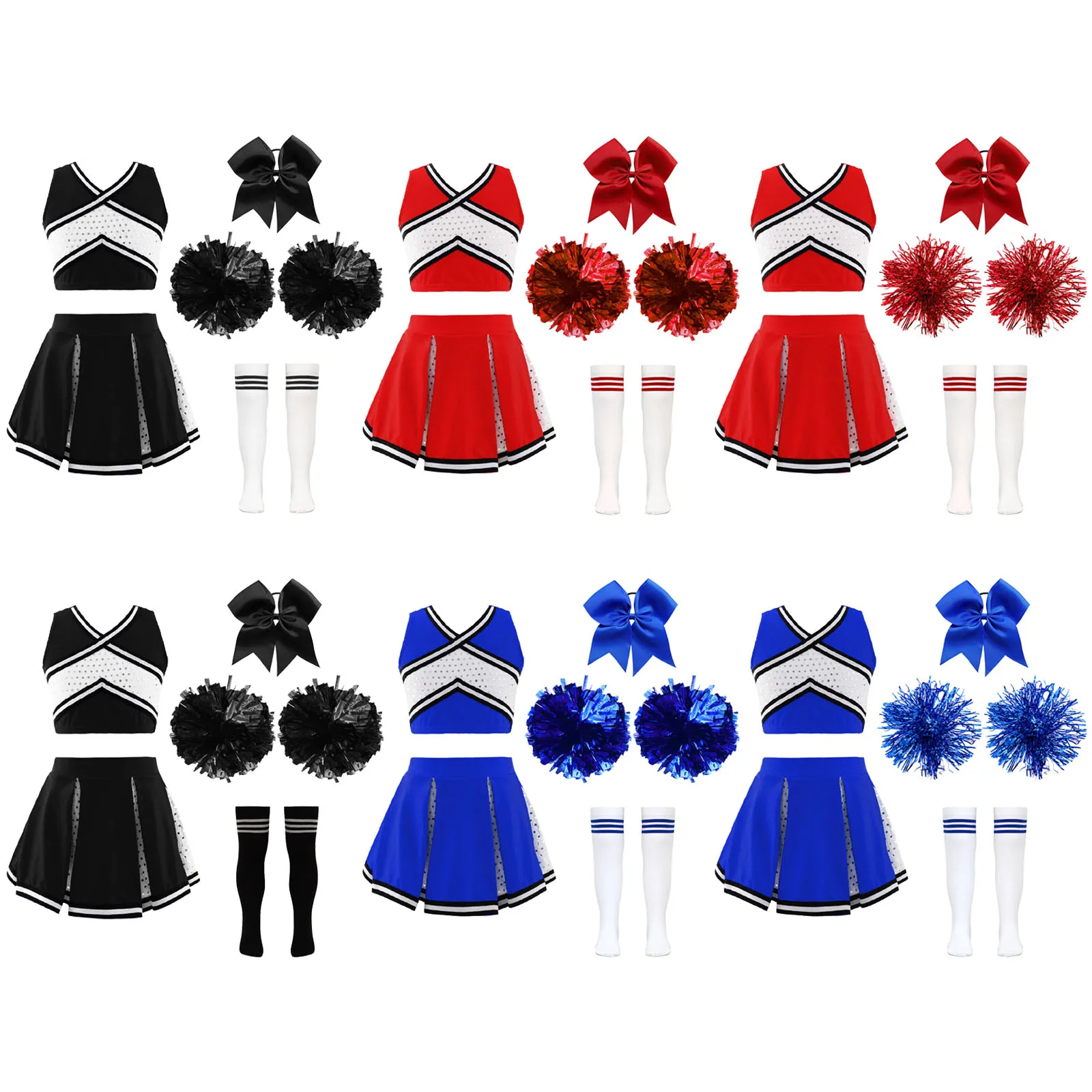 Kids Cheerleading Costume Dance Uniform Cheerlead Outfit Sequins Sleeveless Crop Top Skirt with Socks School Girls Dancewear Set