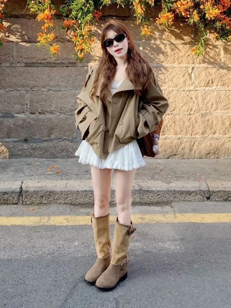 Khaki Windbreaker Jacket Woman Spring Autumn New Double Breasted Casual Loose Short Jacket Female Korean Version Trench Coats