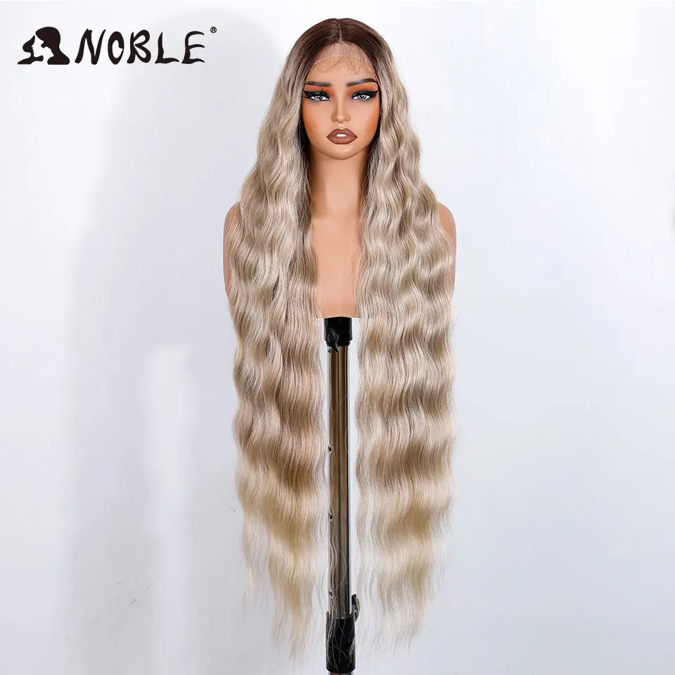 Edle synthetische Lace-Front-Perücke, 91,4 cm lang, gewellt, Spitzenteil, gewellt, goldene Perücke für Frauen, Lace-Front-Perücke, Ombre-Blond, Cosplay-Perücke – Detail 8