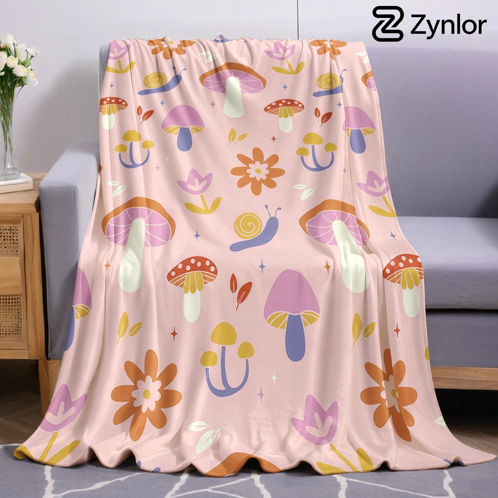 Mushroom Snail Cartoon Anime Print Flannel Blanket Soft Warm Throw for Kids Bedroom Sofa Bed Christmas Office Car