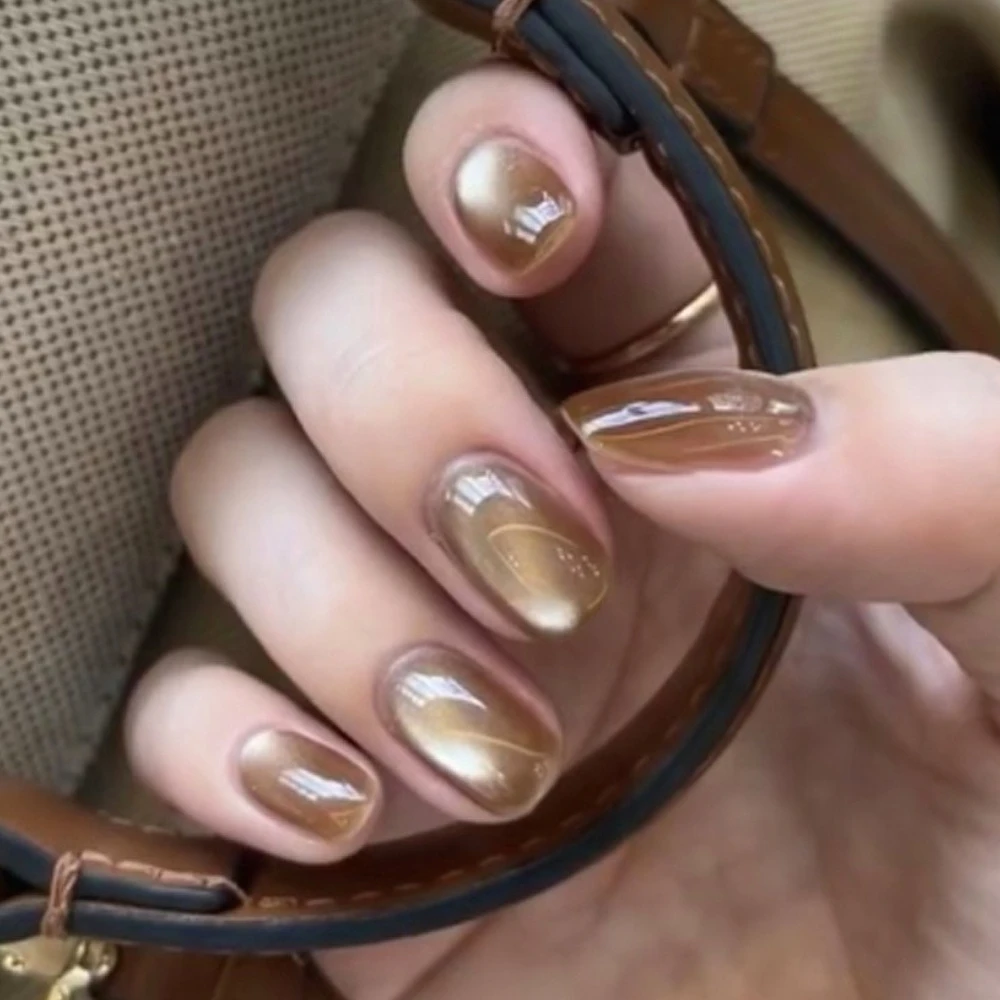 

Sparkling Orange Yellow Golden Brown Cat Eye Nail Art Short Square Chic Fake Nail Detachable Finished False Nails Press on Nails
