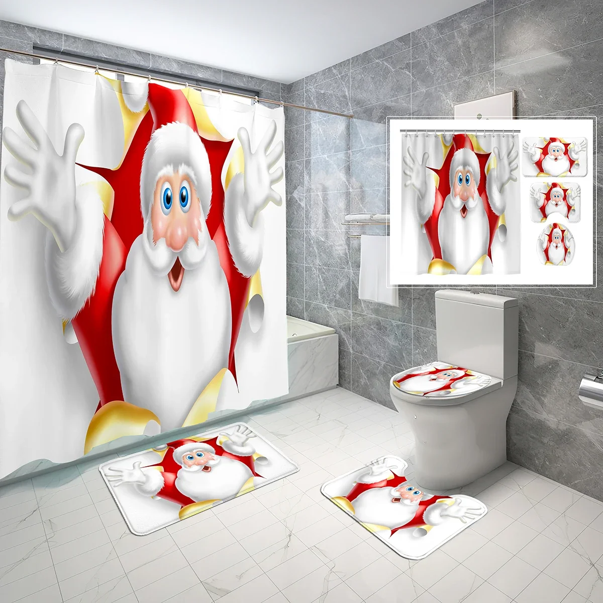 4 PCS Christmas Holiday Bathroom Curtain Set Merry Christmas Santa Claus Shower Curtain Bathroom Non-Slip Bath Mat Toilet Cover