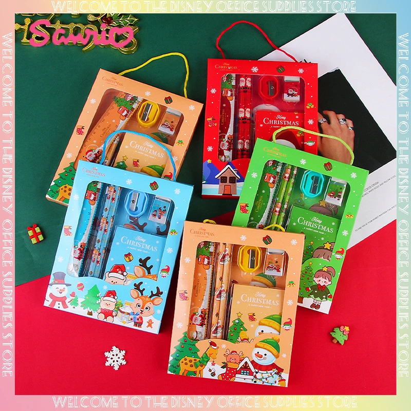 6pcs Christmas Stationery Set Kids Cartoon Pencils Eraser Ruler Memo Pads Pencil Knife Set School Supplies Back To School Gift