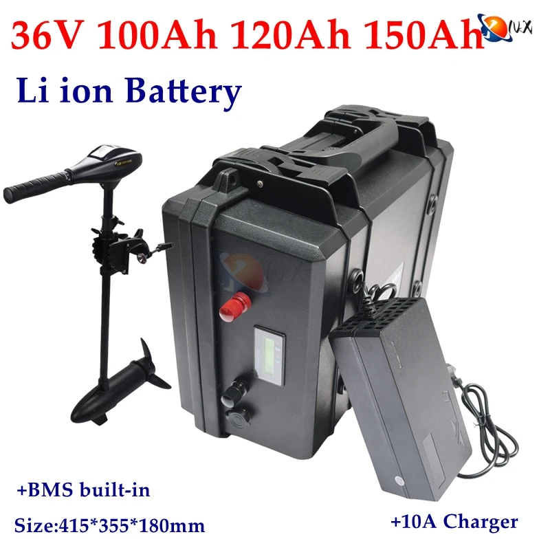 

YNX waterproof 36V 100Ah 120Ah 150Ah Lithium ion 3.7V Li-po battery pack for 3000W fishing boats trolling mortor+10A Charger