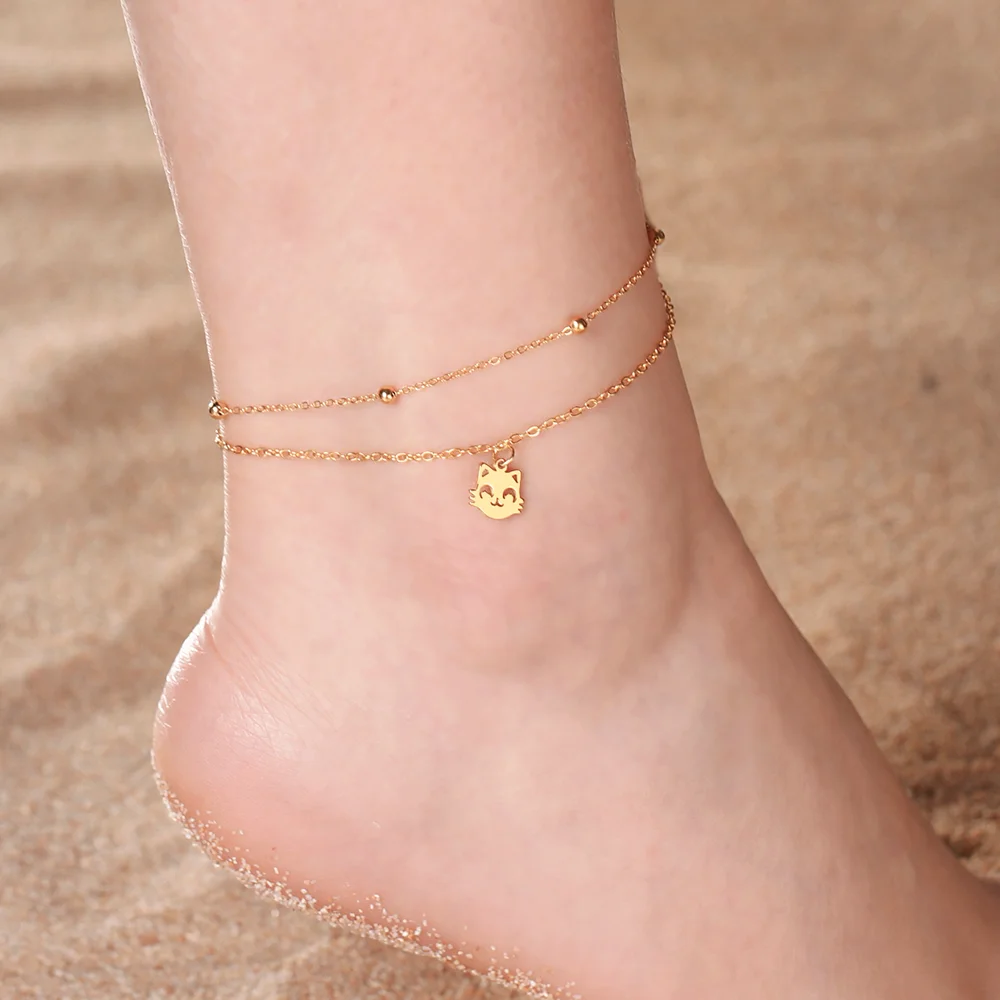 Cazador Stainless Steel Cute Cat Kitten Chain Foot Anklet Summer Beach Gold Color Bracelet on the leg for Women Jewelry Gift New