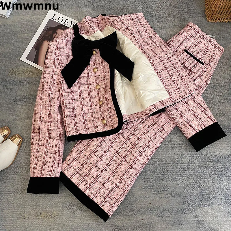 Korea Elegant Women Fall Winter 2 Piece Sets Bow Design Plaid Casual Coats Tops Ensemble Sexy Slim High Wasit Skirts Conjunto