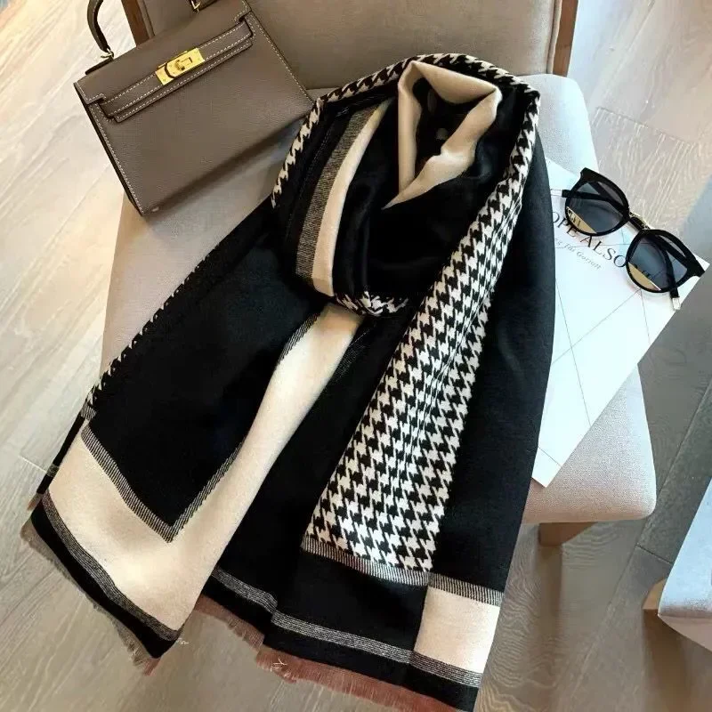 

Luxury Brand Scarf Autumn and Winter Houndstooth H Letter Color Block Cotton Woven Outdoor Warm Large Shawl Scarf Women Luxury