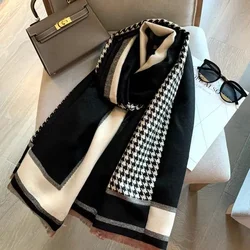 Luxe Merk Sjaal Herfst En Winter Houndstooth H Letter Kleur Blok Katoen Geweven Outdoor Warme Grote Sjaal Sjaal Vrouwen Luxe