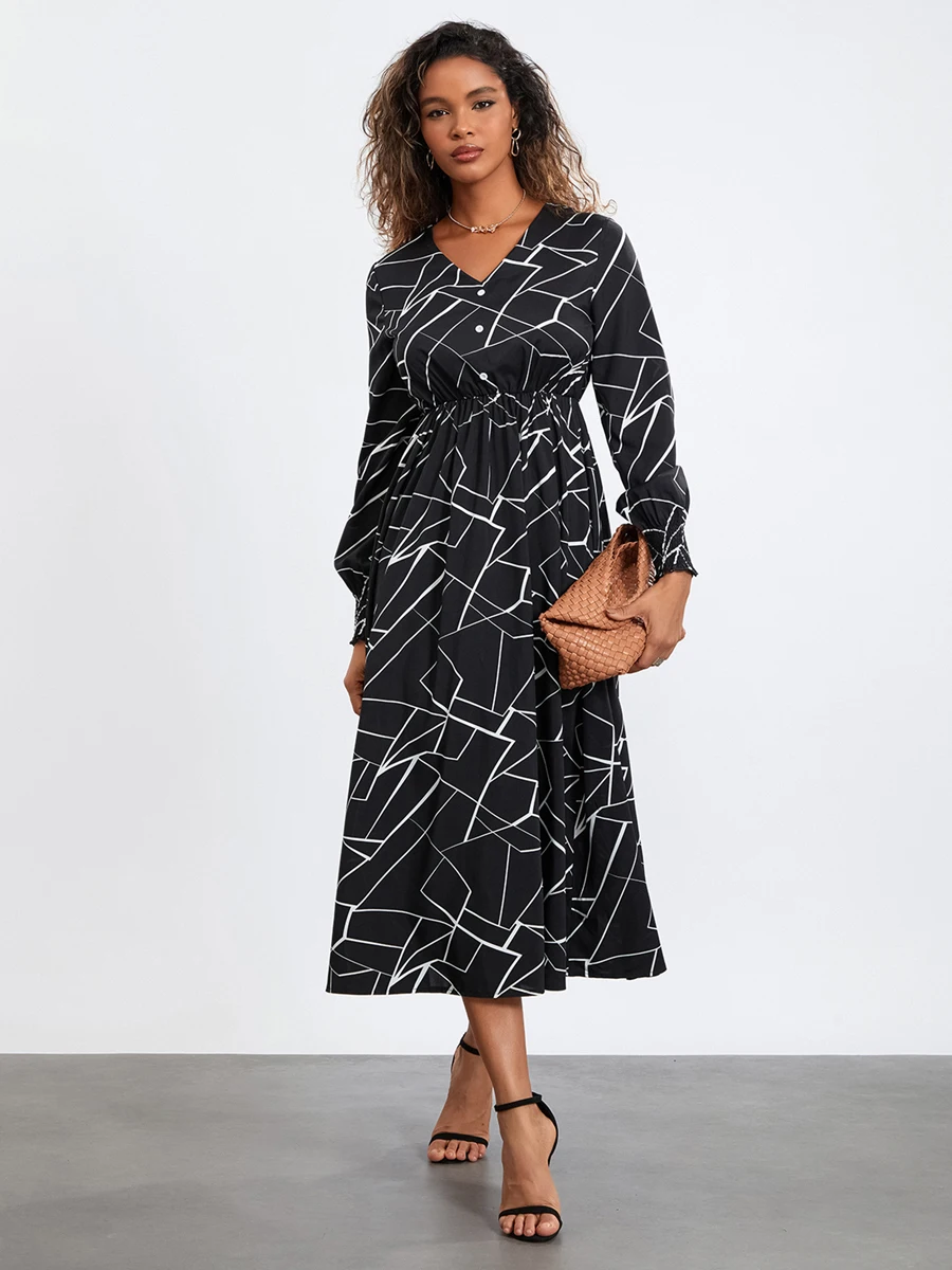 

Women s Fall Midi Dress Lantern Sleeve V Neck Button Front Geometric Print A-Line Dress Vintage Flowy Dress