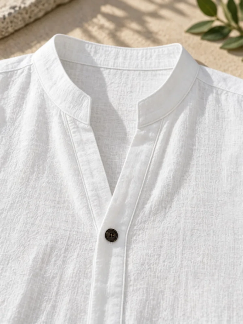 Herren Sommer Leinen Kurzarm Henley-Shirt mit Stehkragen, entspannte Passform, atmungsaktiv, leicht, lässiges Oberteil für den Alltag. – Detail 8