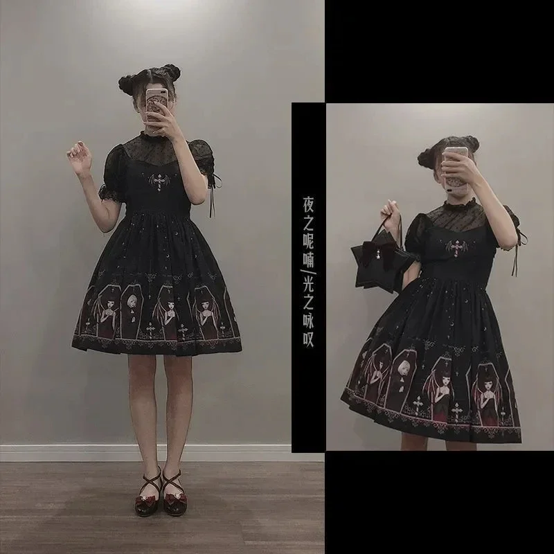 Vestido gótico escuro com estampa para diabo, Lolita Japonesa Jsk, Vestido Victorian Strap, Sweet Loli, Preto e branco