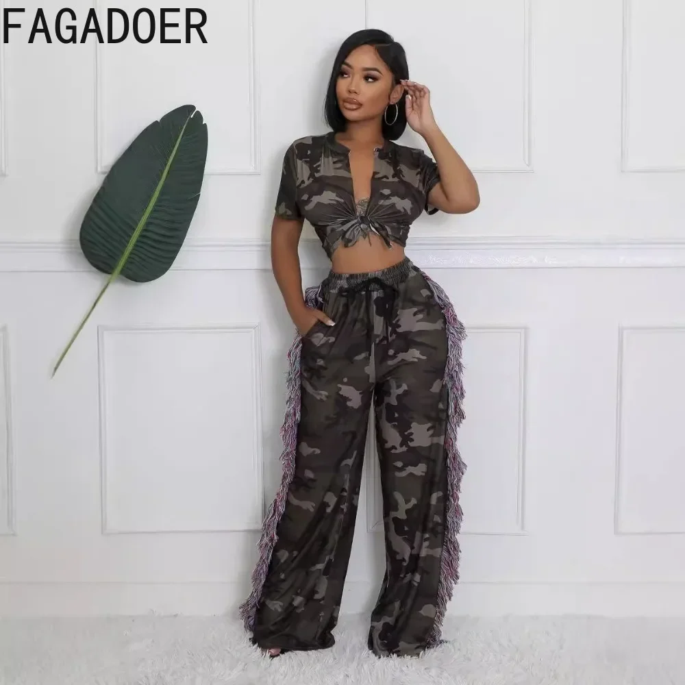 FAGADOER Camouflage Print 2 Piece Outfit Set Womens Bandage Lace-up Crop Tops and Tassels Fringed Pants Suits Street Clubwear