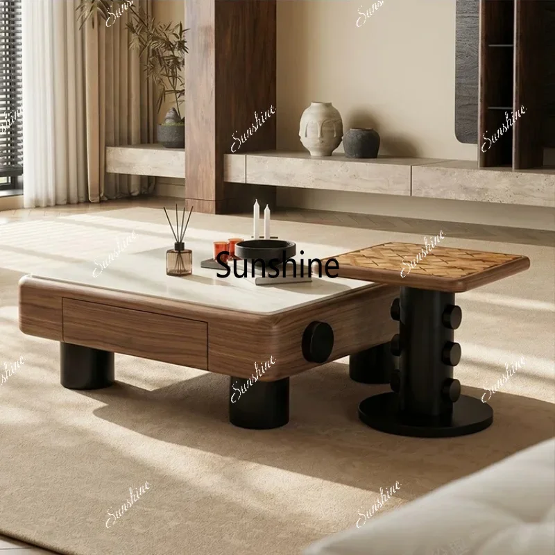 Wabi Sandy Wind Solid Wood Living Room Coffee Table Microcrystalline Stone Light Luxury Coffee Table Side TableTJ