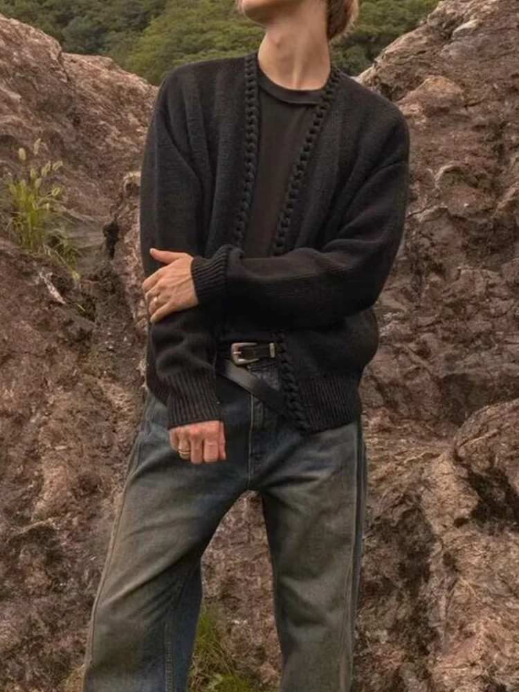 Модные мужские вязаные кардиганы, винтажные однотонные вязаные свитера с длинными рукавами, мужская уличная одежда, весенне-осенняя повседневная тонкая куртка