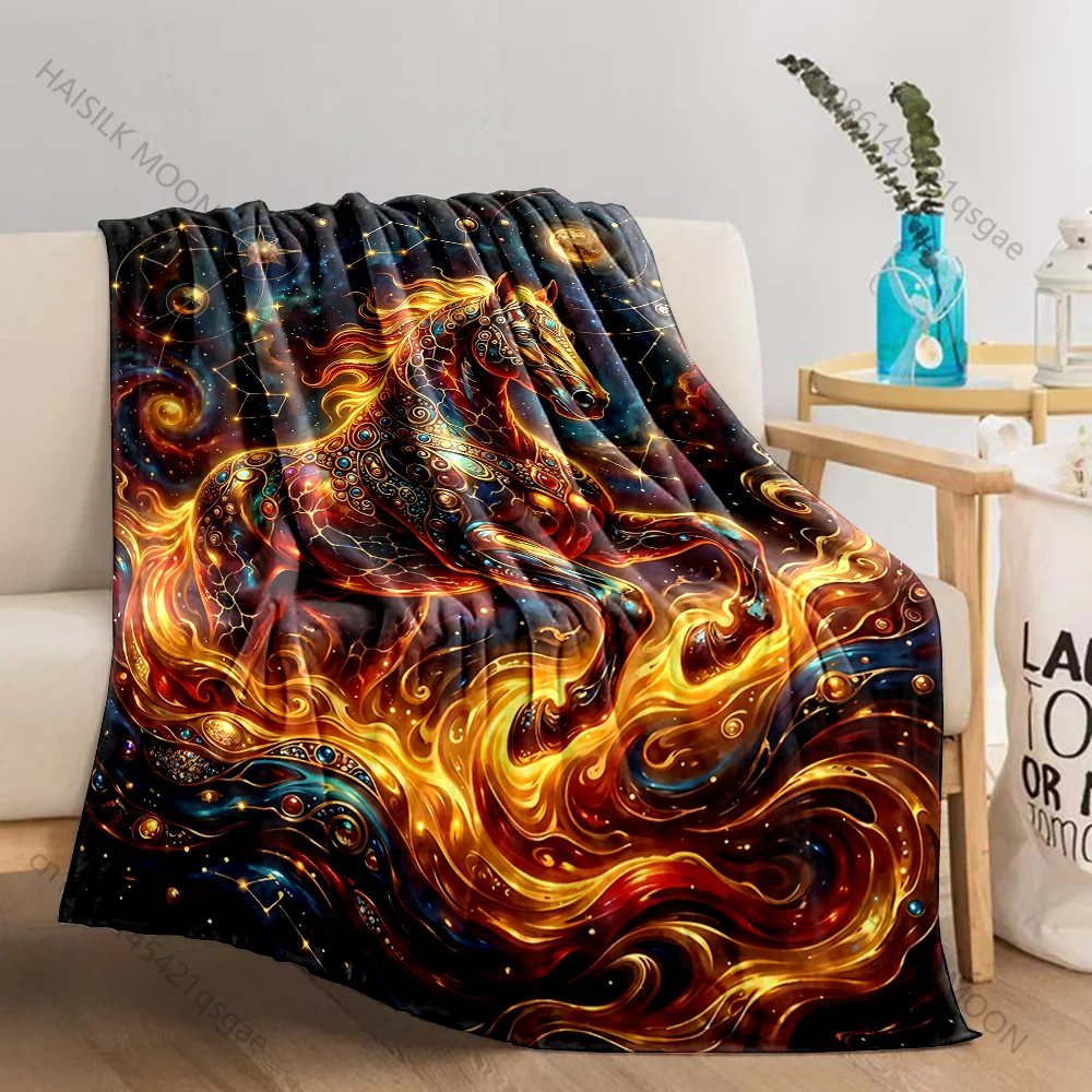 Fiery Ornate Horse in Cosmos Print Blanket Warm Soft Fluffy Kids and Adult Sofa Bed Throw Blanket Outdoor Travel Camping RV