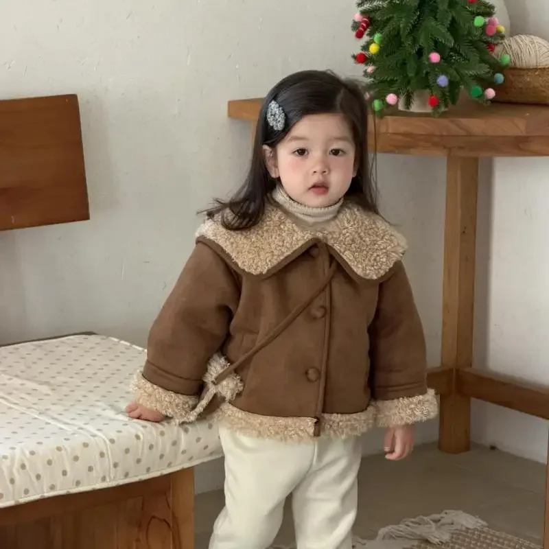 2025 Winter New Baby Warm Plush Coat Plus Velvet Thick Girls Large Lapel Coat Toddler Casual Cardigan Jacket Infant Clothes