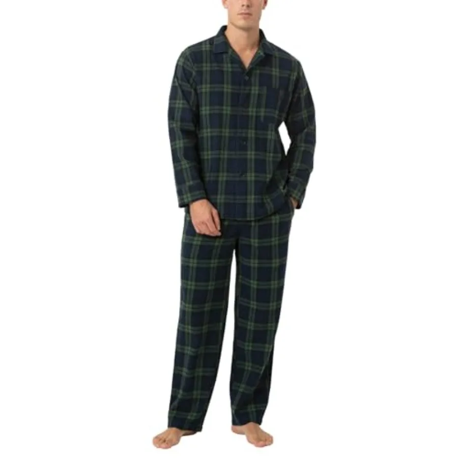 Men's Pajama Set 100% Cotton Flannel Top Long Sleeve and Bottom Pants Plaid Sleepwear PJ Sleepwear Lounge Comfy M79/M95
