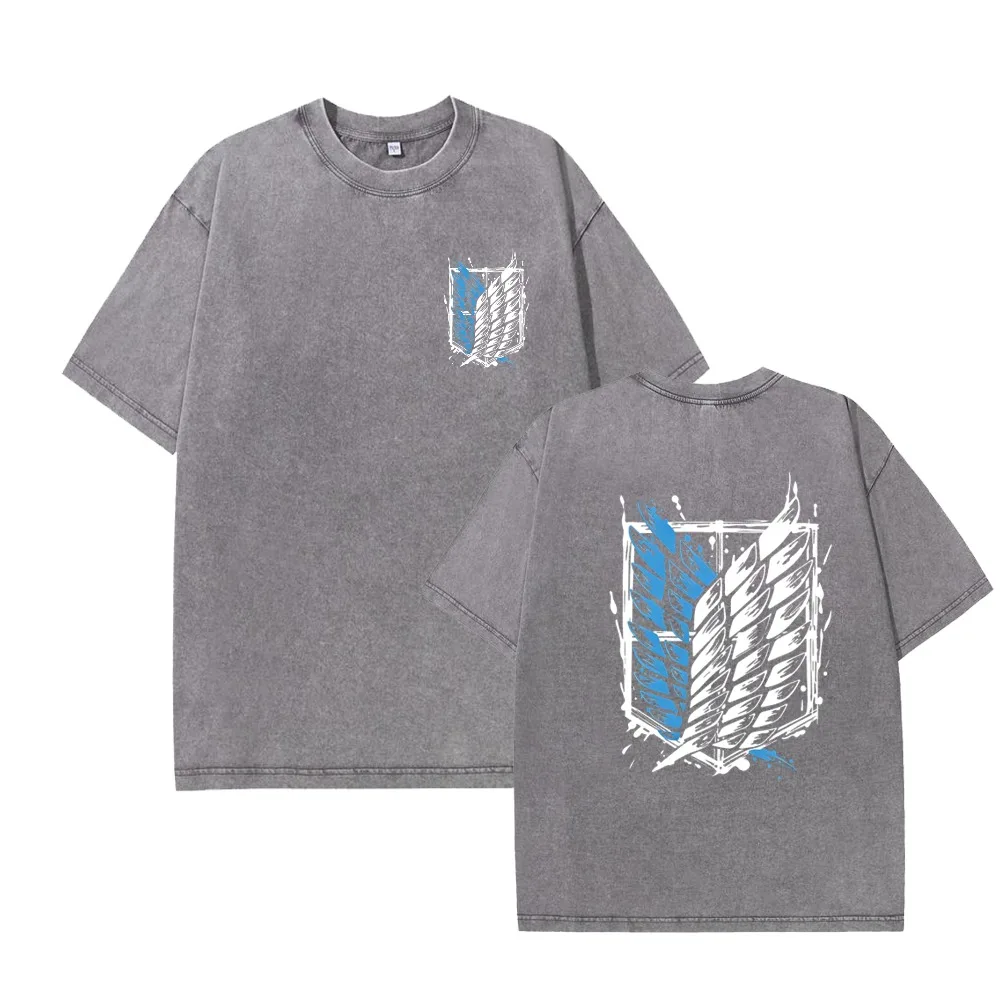 Anime Attack on Titan Vintage Washed Print T-shirt Mikasa Ackerman Eren Jaeger Wings of Freedom Logo Mens Summer Cotton T-shirts