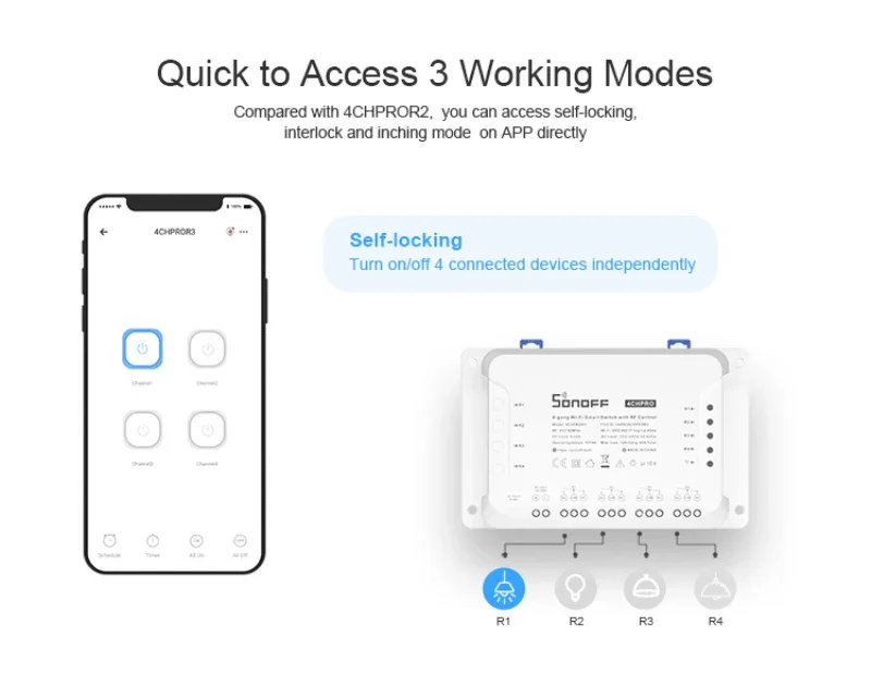 1-3Pcs SONOFF 4CHR3/4CHPROR3 4Gang WiFi Smart Switch EWelink APP Remote Control Smart Home Automation Via Alexa Google Alice