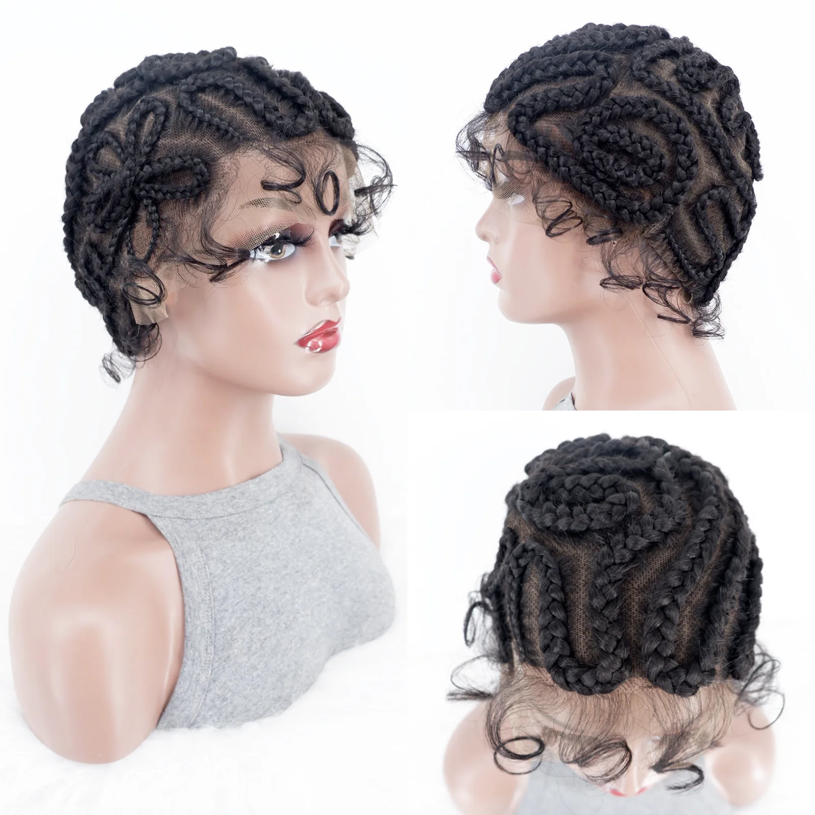 8 pulgadas de encaje completo sintético hecho a mano Twist Knotless Box trenzas pelucas con pelo de bebé pelucas trenzadas encantadoras cortas para mujeres negras