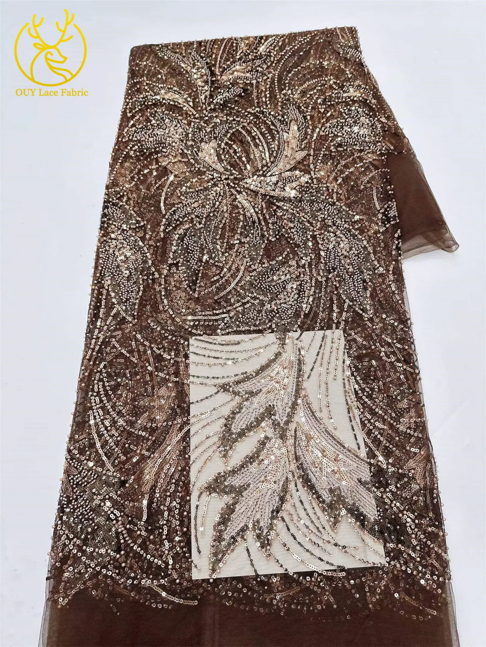 Großhandel Nigerianischer Perlen-Spitzenstoff 2026 Modischer Französischer Afrikanischer Pailletten-Netzstoff für Brautkleider und Partykleider 5 Yards – Detail 5
