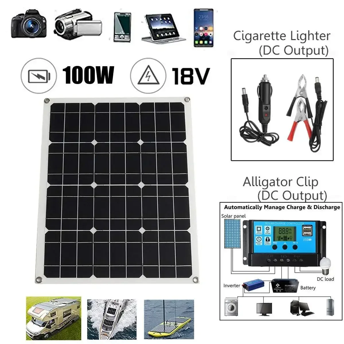 100W Solar Panel with 10-100A Controller Waterproof USB Port Solars Plate Battery Charger for Phone Power Bank Outdoor Home Use